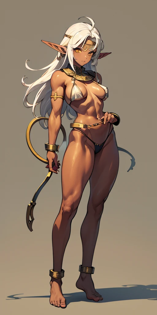 (Masterpiece, plain background:1.2) Female full body, standing straight symmetrical feet together, blood dark elf, dark skin, long messy white hair, short elf ears, circlet, yellow eyes, 1990s (style), female 1sologirl slingshot micro bikini, barefoot, bare handcuffs, shackles wristbands, bracers, bracelets, pauldrons metal shoulders