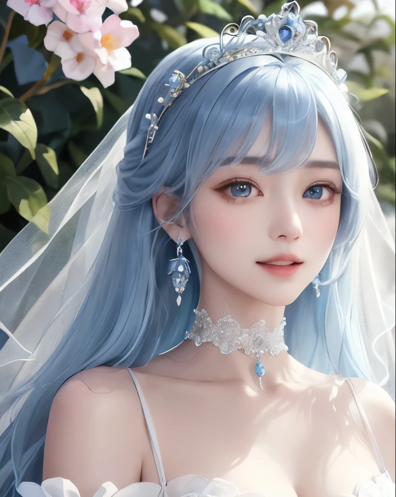 Super detailed、highest quality、masterpiece、
vivid、beautiful girl、Wide double eyelids、Big eyes、Japanese、Sepia eyes、Long Hair、Light blue hair、Flower Field、Daytime、bright、vivid、Princess、princess、goddess、clear、bride、Wedding dress、race、((organdy))、choker、Earrings、tiara、Natural smile