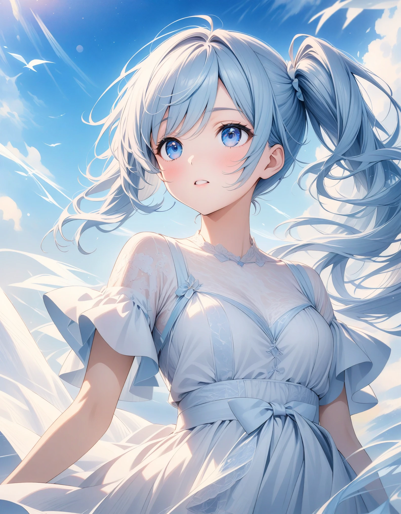 ((style:Colored pencil,pale colour)),(anime)、(masterpiece:1.2),atmospheric perspective,lens flare、(Country in the Sky)、(Princess)、Otherworldly fantasy、cute、Hair fluttering in the wind、((A dress with transparent lace that evokes the image of wind))、Clear blue sky、Light pours down from above、Very mysterious girl、Light effects、Light blue and white gradient hair color、Side Ponytail、Blue Eyes、((A work that visualizes the wind))、Looking up at the sky、Close-up