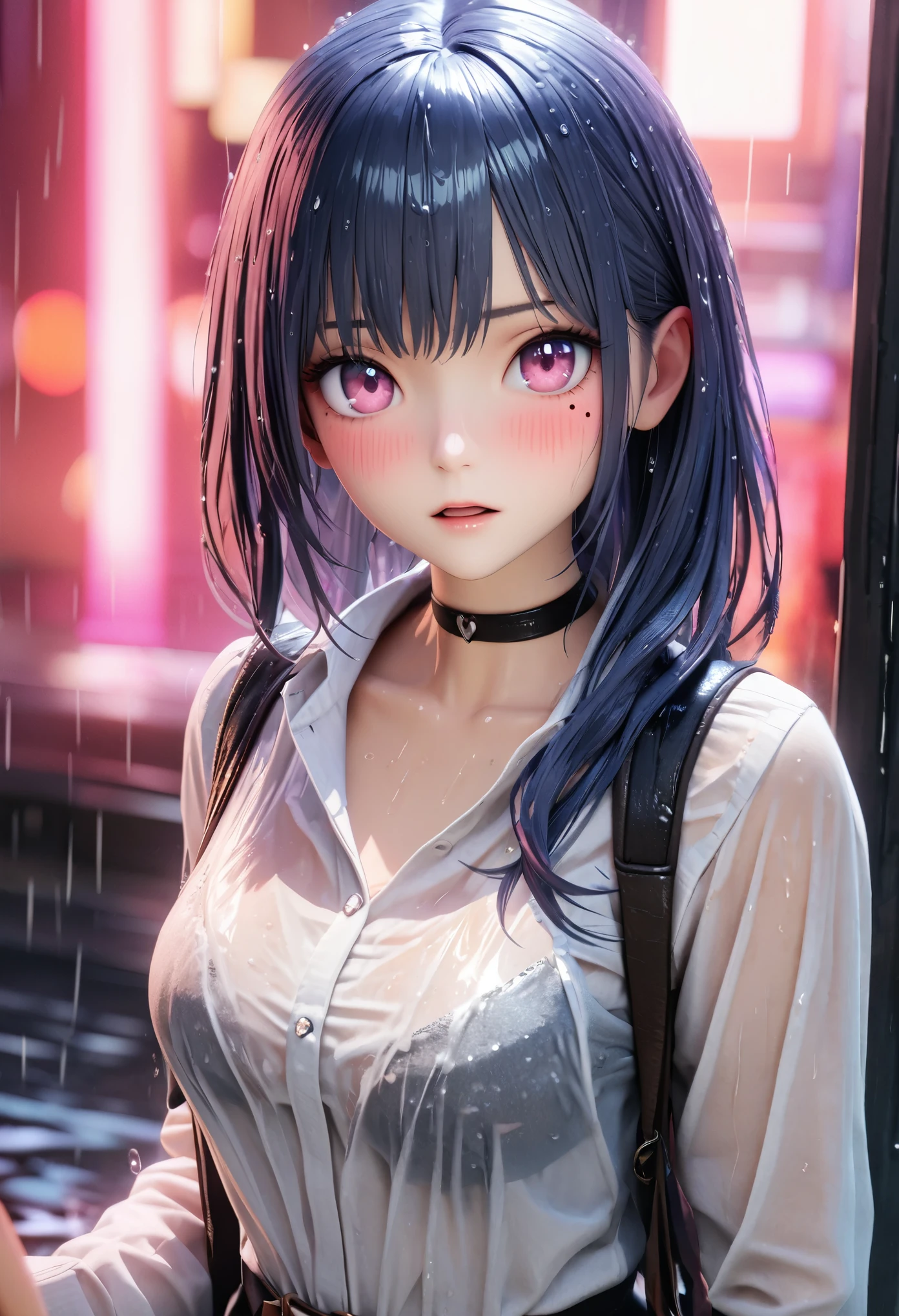 masterpiece, best quality, very detailed, high resolution, expensive resolution, high resolution, 4K, 8k, Unity 8k wallpaper, highly detailed CG, masterpiece, 2D, 3D, beautiful details, depth, fine texture, best quality: 1.3, perfect focus, crisp skin, him,
very cute anime girl, (bra showing through white blouse soaked in pouring rain), large breasts, expensive pink medium long hair, one girl, rain, (raindrops dripping from soaked hair, bra showing through thin blouse soaked in rain), mole under eye, looking at viewer, expensive, blush, mole, open lips, heart, pink eyes, choker