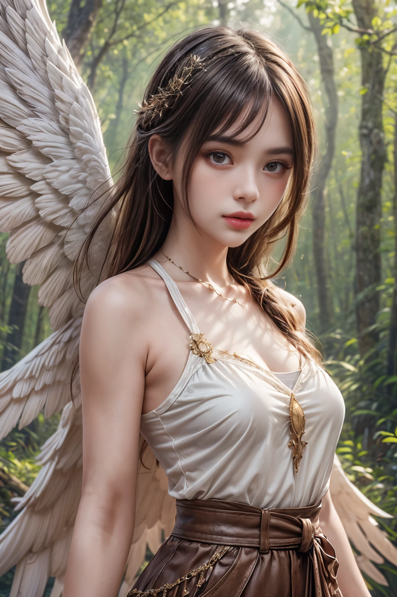 Illustrate an ultra-realistic angelic girl with magnificent wings in an 8k HDR panoramic format. The focus should be on the upper body, set against a breathtaking forest background, capturing the finest details.