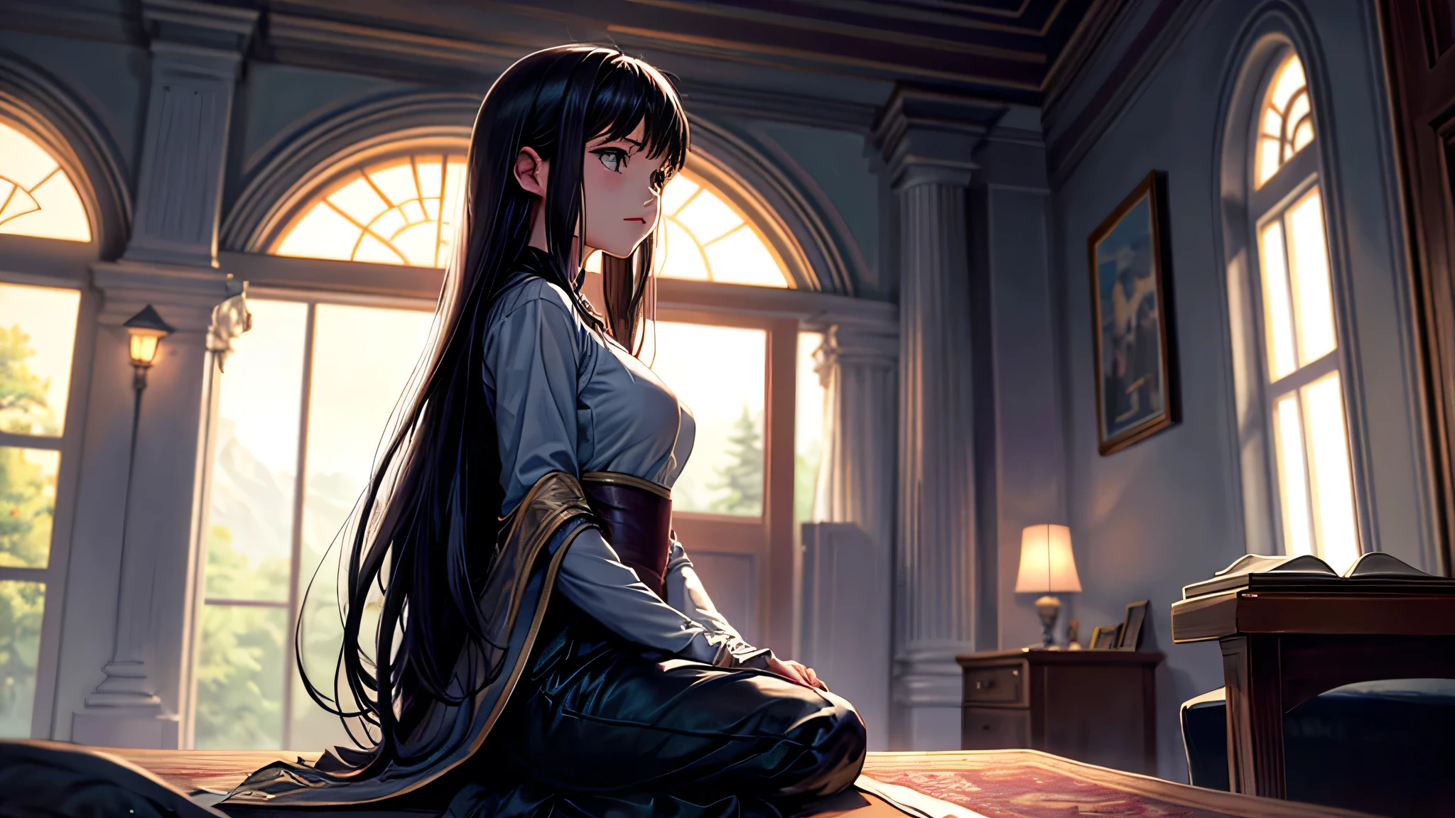 alone, Singular light, woman, midnight, face seen from the side, sideways, cosmic, fantsy, looking away:1.4, adult, busty, Ghibli-like design, living room, sitting, dark hair, studying, Completely, landscape orientation, side view,
