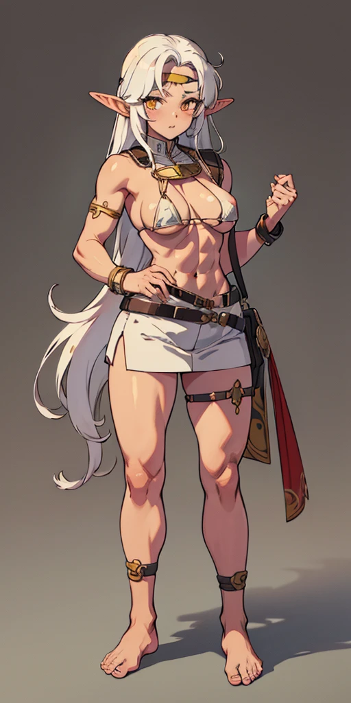 (Masterpiece, plain background:1.2) Female full body, standing straight symmetrical feet together, blood dark elf, dark skin, long messy white hair, short elf ears, circlet, yellow eyes, 1990s (style), female 1sologirl slingshot micro bikini, barefoot, bare handcuffs, shackles wristbands, bracers, bracelets, pauldrons metal shoulders