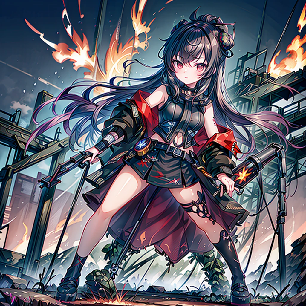 (masterpiece, highest quality), (Perfect athletic body:1.2), (Fine hair), Super detailed, Anime Style, whole body, Cyberpunk Egg Runner Girl, Scorched black mechanical limbs, ((black purple flame fist)), Sea green two top knot hairstyle with red eyes, Wearing a rage cape and cyberpunk outfit. Standing on burnt ground, 8K High Resolution, White Background, whole body, Overall view,