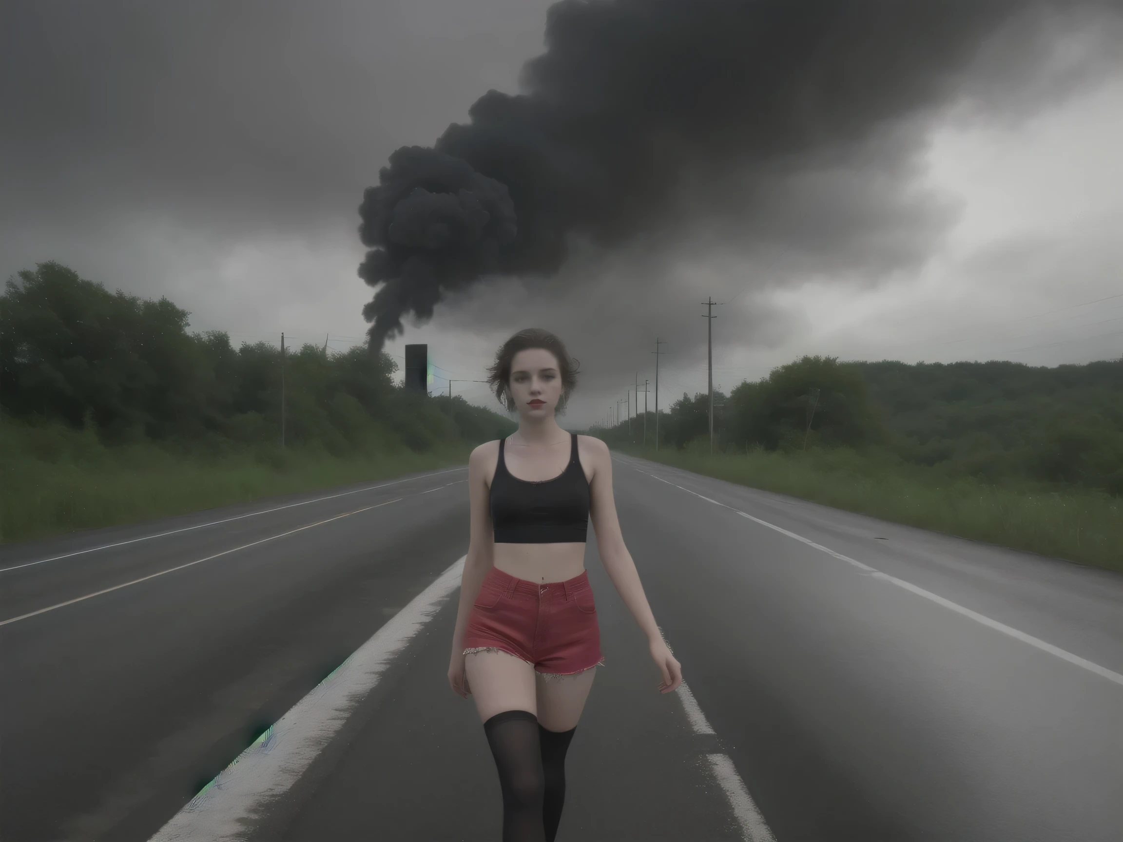 (((high definition))) beautiful young pale teen, red lipstick, extremely skimpy silk shorts, dirty white tank top, black knee high socks, messy hair, walking down a abandoned decaying asphalt highway, rain, black smoke and clouds in background, inticrate details