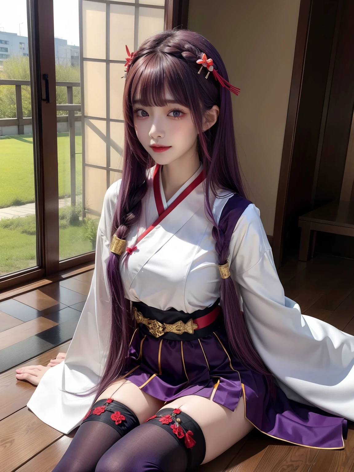 photorealistic, high resolution, 1women, solo, hips up, look at viewer, (detailed face), (blunt bangs, braid, wide sleeves, hair ornament, japanese clothes, red obi, (purple hair:1.2), very long hair, straight hair,black thighhighs, smooth