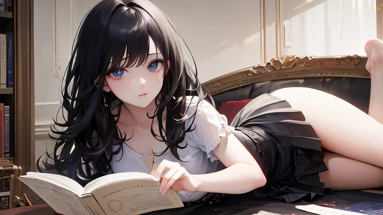 ((highest quality)), ((masterpiece)), (detailed), Perfect Face, perfect detailed eyes, perfect detailed face, ultra-detailed nose, Black Hair, Hair above the eyes, Medium Hair, Pale skin, Forehead mark, Cinema Lighting, Chiaroscuro, mini skirt,Reading a book,whole body,Attractive legs