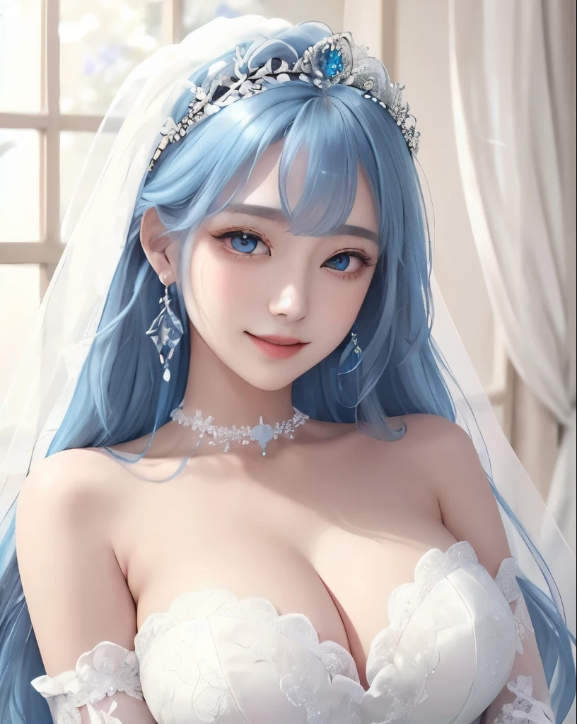 Super detailed、highest quality、masterpiece、
vivid、beautiful girl、Wide double eyelids、Big eyes、Japanese、Sepia eyes、Long Hair、Light blue hair、Flower Field、Daytime、bright、vivid、Princess、princess、goddess、clear、bride、Wedding dress、race、((organdy))、choker、Earrings、tiara、Natural smile