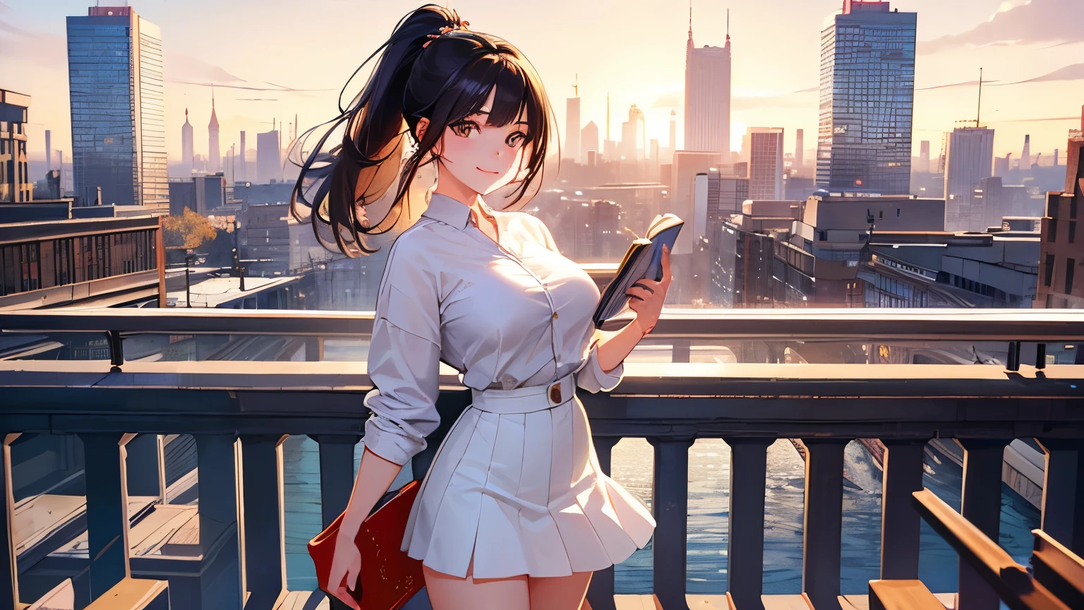 highest quality、High resolution、Detailed Background、(Beautiful face in every detail:1.4)、Anatomically correct、(Detailed facial expressions)、(Fine grain:1.2)、Teenage Beauty、(Highly detailed face:1.4)、(Huge breasts:1.2)、Light-colored hair、Bobcut、ponytail、Braided long hair、well-groomed eyebrows、Perfect body line、Big smile、(Retro cityscape and girls:1.5)、Clean atmosphere、Picturesque landscapes,Female,whole body,I have a book,
Clothes with open chests are recommended,mini skirt、
Pair it with white items for a clean look.、cute,Reading a book,Attractive legs,Female
