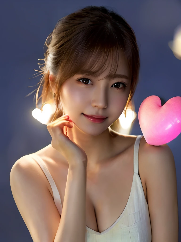 (best quality, masterpiece:1.2),ultra detailed,(photo realistic:1.4),solo,cute girl,upper body,(pink),light_particles,heart_mark,