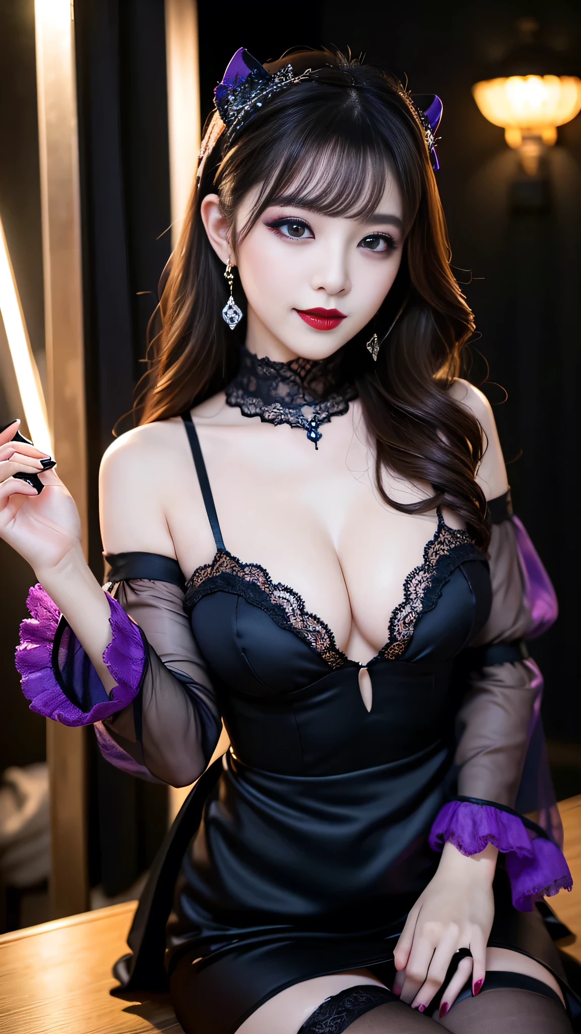 best quality、ultra-detailed、4k、Japanese、Seductive beauty、seductive adult woman、Pretty Woman、cool girl、Villainess、Brainwashed、brainwash、Fallen into evil、smirk、Evil look、Wicked Smile、evil、Brown hair、wavy hair、swept bangs、dark makeup、dark makeup、piercing eyes、hollow eyes,half-closed eyes、Hollow Eyes、purple Eyeshadow、black lipstick、black lipglos、Lace fabric、blue party dress、Wide sleeves、stockings、pantyhose、night、inside darkroom、Are standing、shoot from below、Make up、Makeup brushes、Have lipstick、Swear allegiance、I have pledged my allegiance、Seduce、