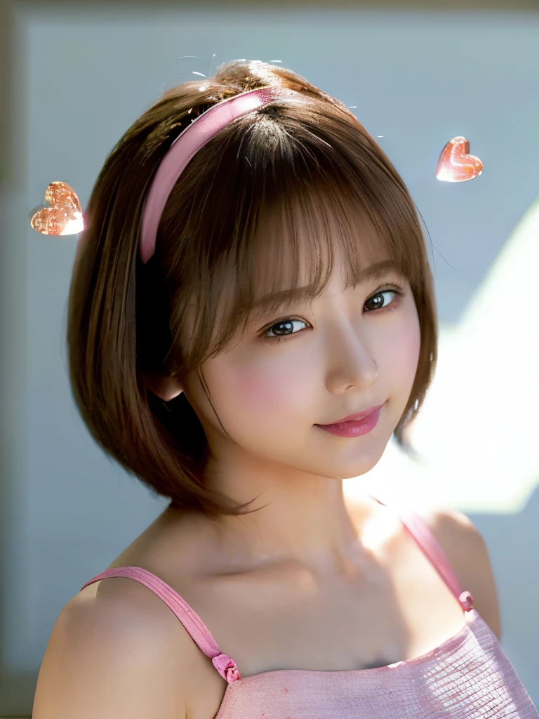 (best quality, masterpiece:1.2),ultra detailed,(photo realistic:1.4),solo,cute girl,upper body,(pink),light_particles,heart_mark,