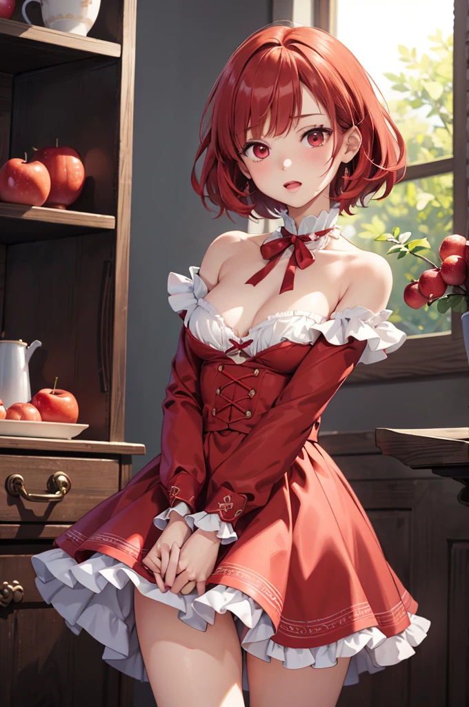 masterpiece、Soft Focus , Bright gradient watercolor、Tabletop, High resolution, 8k, Anime Women, Delicate and detailed writing 、Detailed digital illustration、high resolution, high quality、Detailed Background、Close-up photo、(((Two arms、Four fingers, One thumb)))、Detailed female face、(Accurate Fingerasterpiece:1.2)、highest quality、High resolution、unity 8k wallpaper、(figure:0.8)、Highly detailed face、Perfect lighting、Highly detailed CG、(Perfect hands、Perfect Anatomy)、
(Cowboy Shot:1.1)、One girl、stand、basket、knife、Red apples、Red dress、red hair ribbon、Red Cape、Red Shoes、Red Hair、very short hair、red eyes、Big round eyes、Open your mouth、
