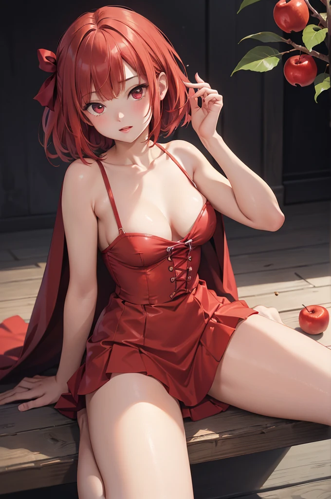 masterpiece、Soft Focus , Bright gradient watercolor、Tabletop, High resolution, 8k, Anime Women, Delicate and detailed writing 、Detailed digital illustration、high resolution, high quality、Detailed Background、Close-up photo、(((Two arms、Four fingers, One thumb)))、Detailed female face、(Accurate Fingerasterpiece:1.2)、highest quality、High resolution、unity 8k wallpaper、(figure:0.8)、Highly detailed face、Perfect lighting、Highly detailed CG、(Perfect hands、Perfect Anatomy)、
(Cowboy Shot:1.1)、One girl、stand、basket、knife、Red apples、Red dress、red hair ribbon、Red Cape、Red Shoes、Red Hair、very short hair、red eyes、Big round eyes、Open your mouth、