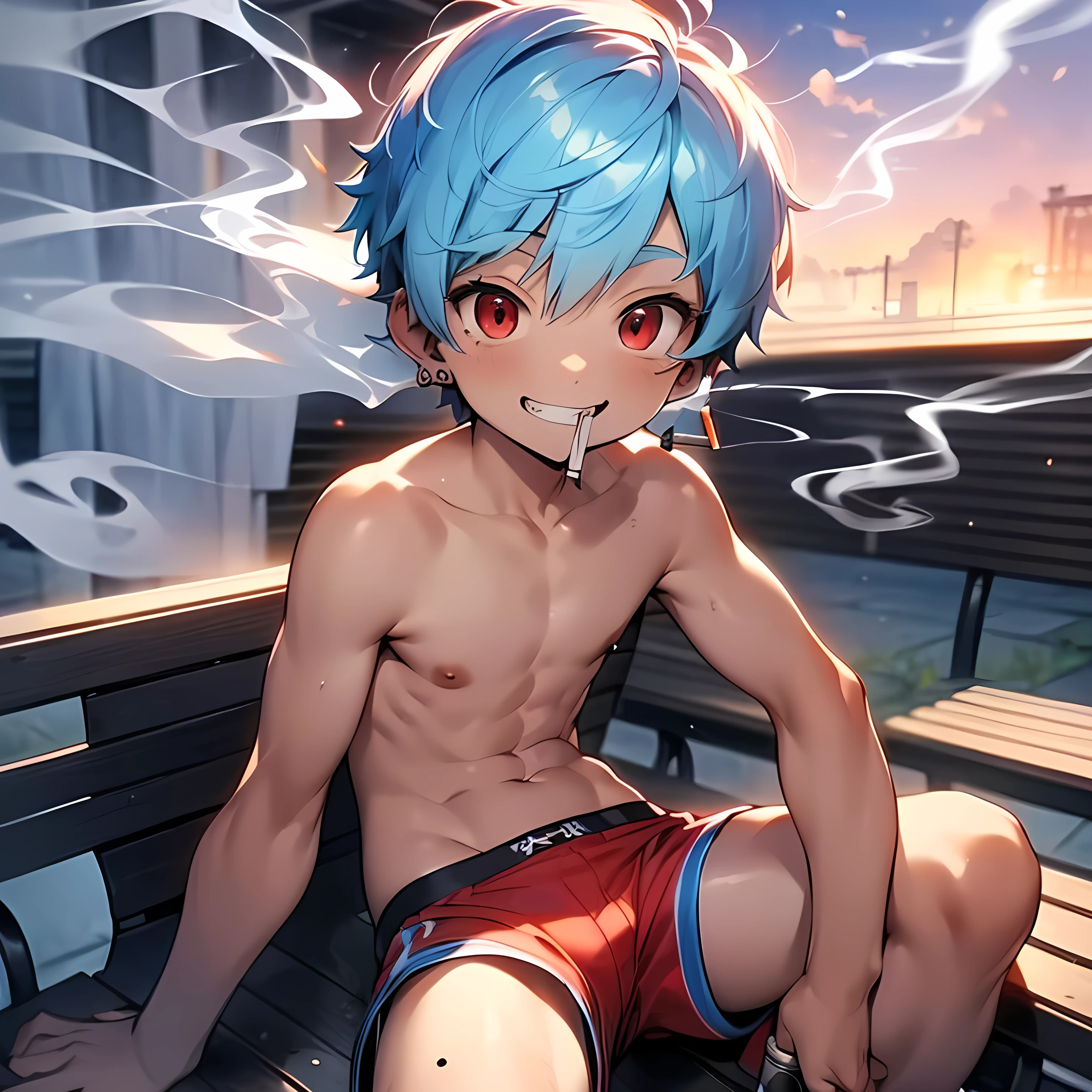 (boldline:-1.6), (smoking:2), (arched back:1.3), (tabacco on mouth:1.3), (best quality:1.5), (absolutely resolution:1.5), (ultra detailed:1.5), (masterpiece:1.5), (perfect face:1.5), (detailed face:1.3), (detailed eyes:1.5), (cute face), (shota:1.7), (topless:1.5), BREAK (baggy red short pants:1.5), (bulge:1.5), (skinny:1.3), (ash tray), (sitting on bench:1.5), (holding can:1.3), (both elbows on his knee:1.8), (spiked hair), BREAK (light blue hair:1.5), (wine red eyes:1.4), (eyes with high light), ((mole under eye)), (sweaty skin), (grin:1.5), ((earrings)), (shiny skin:1.3), BREAK (smoking area), (at twilight), (sunset), (wind blowing), (nipple), ((abs)), (groin), upper body, from below,