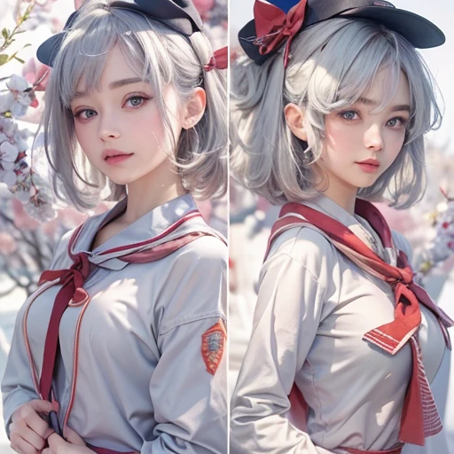 (masterpiece:1.3), (8k, Realistic, RAW Photos, Best image quality: 1.4), Fair-skinned fairy woman、short hair、Cleavage:2.0、Highly detailed face、Attention to detail、double eyelid、Sharp focus:1.2、Beautiful woman:1.4、Silvery white hair、highest quality、masterpiece、Ultra-high resolution、(Realistic:1.4)、Highly detailed and professionally lit smiles、Loose, Light, Wear a Japan high school uniform:1.5、Red scarf、 one person、whole body,Cycling through Japanese cities、