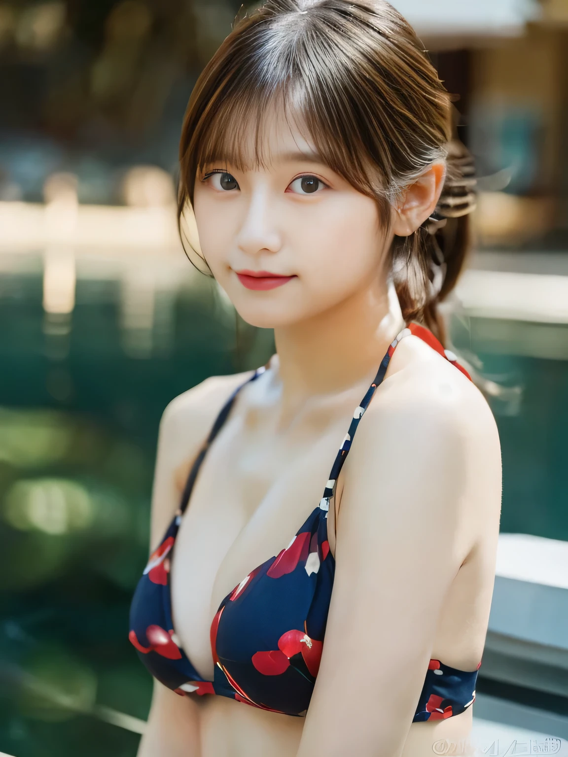 Masterpiece,(five girls),(8k, RAW photo, best quality, masterpiece:1.2), (realistic, photo-realistic:1.4), (extremely detailed 8k wallpaper), sharp focus, depth of field, blur background, bokeh,Do not split,pool side,(Japanese Woman),20-year-old woman,ponytail,(Beautiful breasts:1.5),(bikini: 1.5),(Looking at viewer),((super fine face)),The whole body was photographed,full body,(Clamp your chest with your arms)