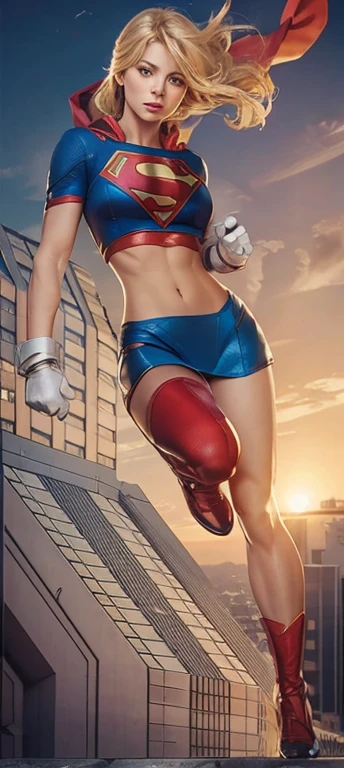 Supergirl flying in the city... smooth curves, blond hair, perfect costume, perfect hands 