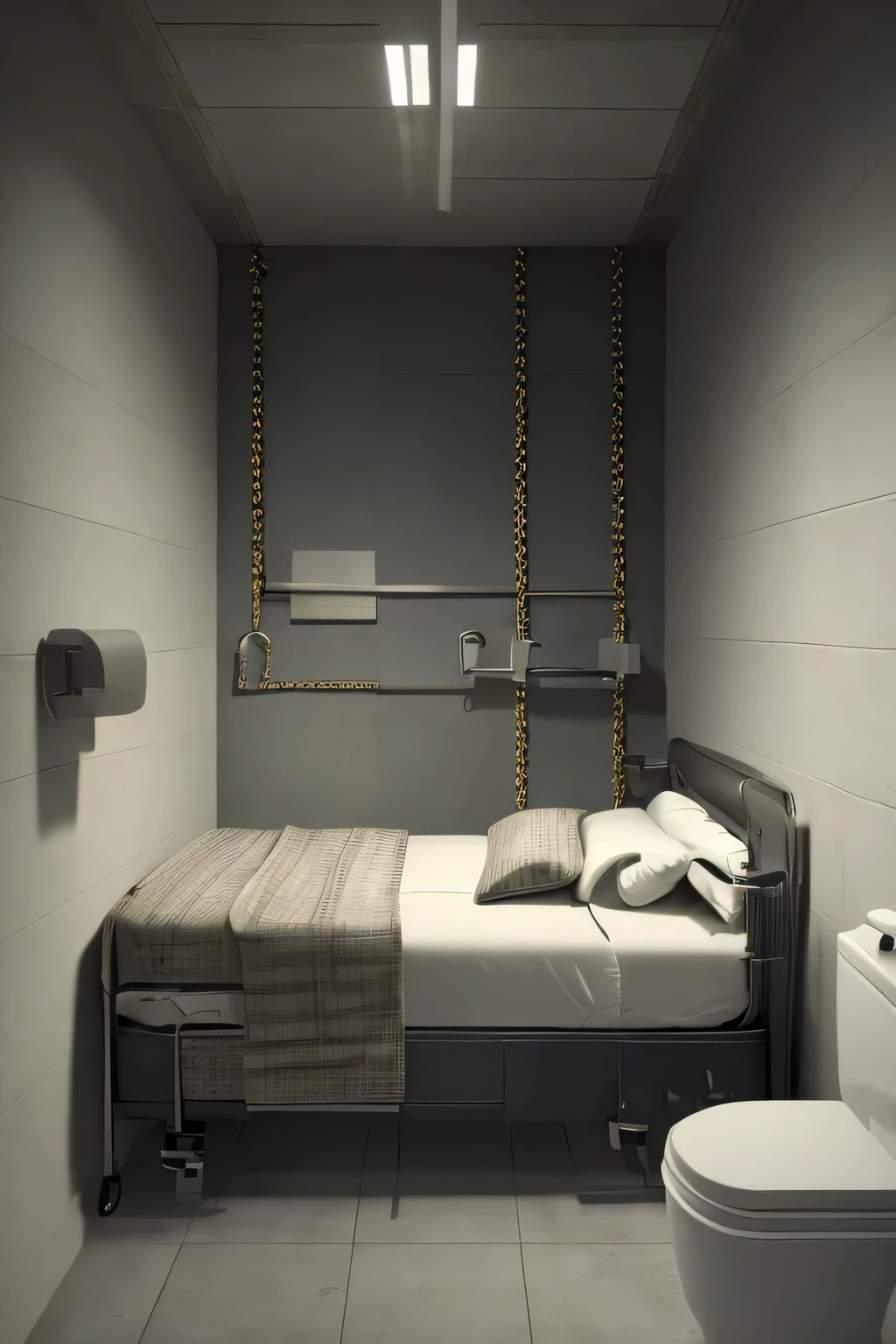 8k wall paper, masterpiece, hospital, x-ray room, many chains, handcuffs, a bed and toilet, prison, jail, dark