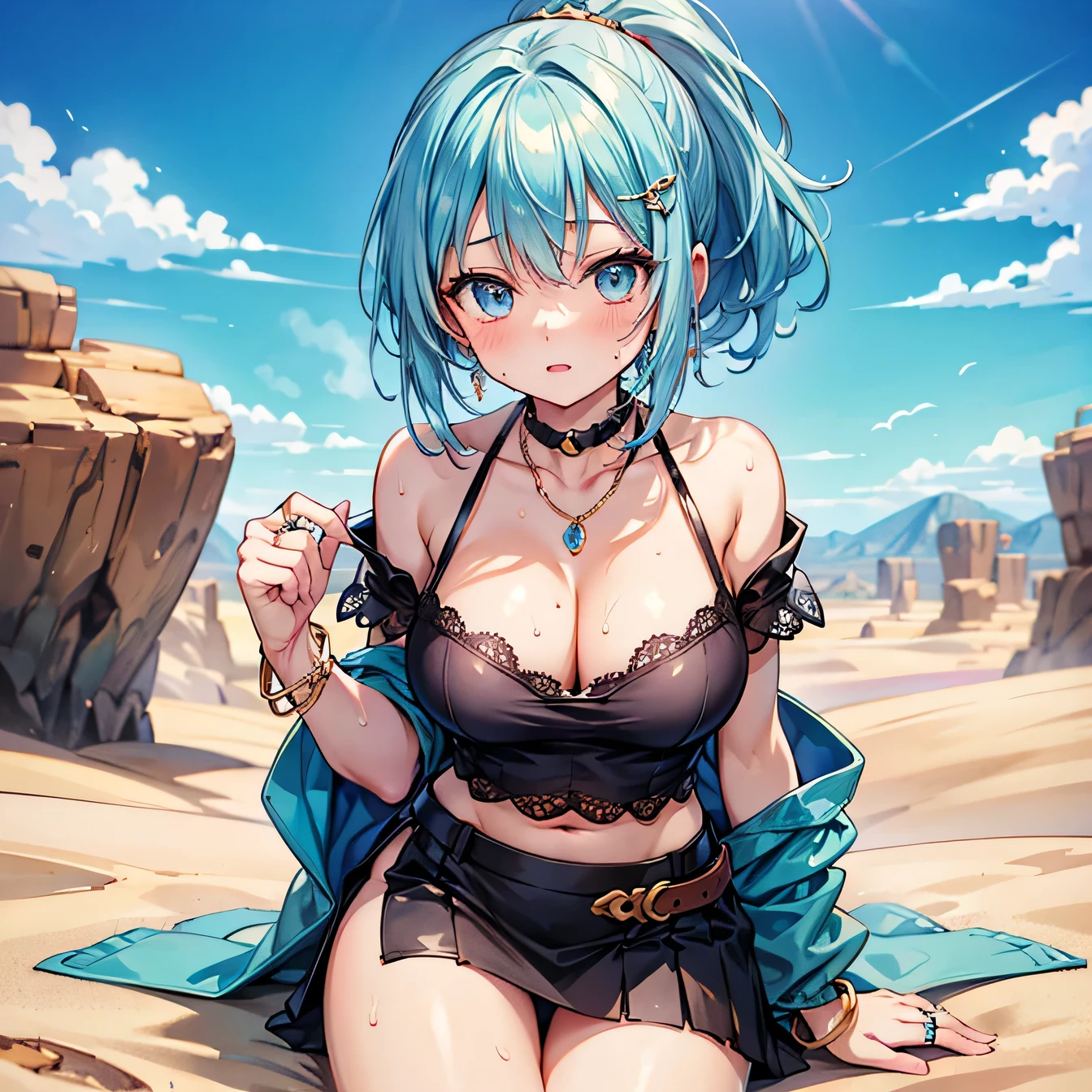 Anime Moe Art Style,highest quality,High resolution,Anatomically correct,One Girl,-teegirl with light blue hair in a ponytail,Super detailed,Fantasy World,Off-the-shoulder tops,mini skirt,Big Breasts,Daytime,desert,,A rich expression,It's hot,Sweating,Eyes drawn in detail,hair ornaments,necklace,bracelet,ring,8K