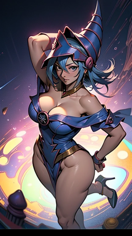 (masterpiece:1.2), (best quality:1.2), Perfect lighting, Dark magician girl casting a spell, In battle. floating in the air, Visible medium , Transparent neckline, Blue robe, large hat, from above, sparkling, Yu-Gi-Oh!, The magic of the mind. Light of the Heart, Romantic Heart. 她穿著金色High heel. 穿High heel. High heel (((Large Breasts、Breast sagging、Low-cut,Cleavage ,Wide hips,)))((Long legs)),Hourglass figure)),