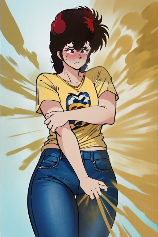 HD, high quality, high resolution, ultrahd,Kaori Makimura, 1female, wearing casual outfit, tshirt, jeans,, default hair, brown hair, tall body, massive fart, velocity, yellow smoke, clenching teeth, wide eyes, bending body, bending over, leaning, blush, embarrassed