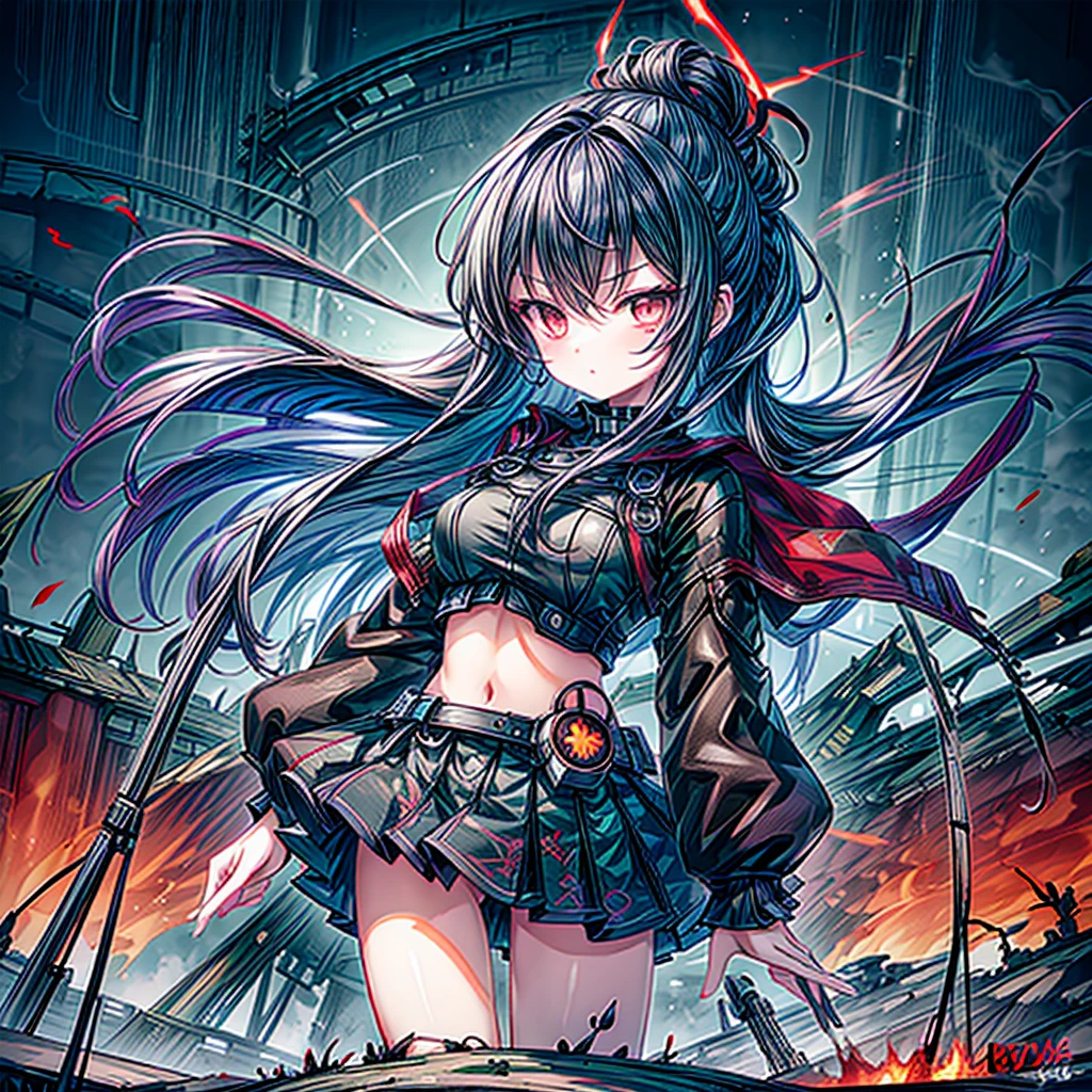 (masterpiece, highest quality), (Perfect athletic body:1.2), (Fine hair), Super detailed, Anime Style, whole body, Cyberpunk Egg Runner Girl, Scorched black mechanical limbs, ((black purple flame fist)), Sea green two top knot hairstyle with red eyes, Wearing a rage cape and cyberpunk outfit. Standing on burnt ground, 8K High Resolution, White Background, whole body, Overall view,He is pointing an ak-47 at the viewer.、
