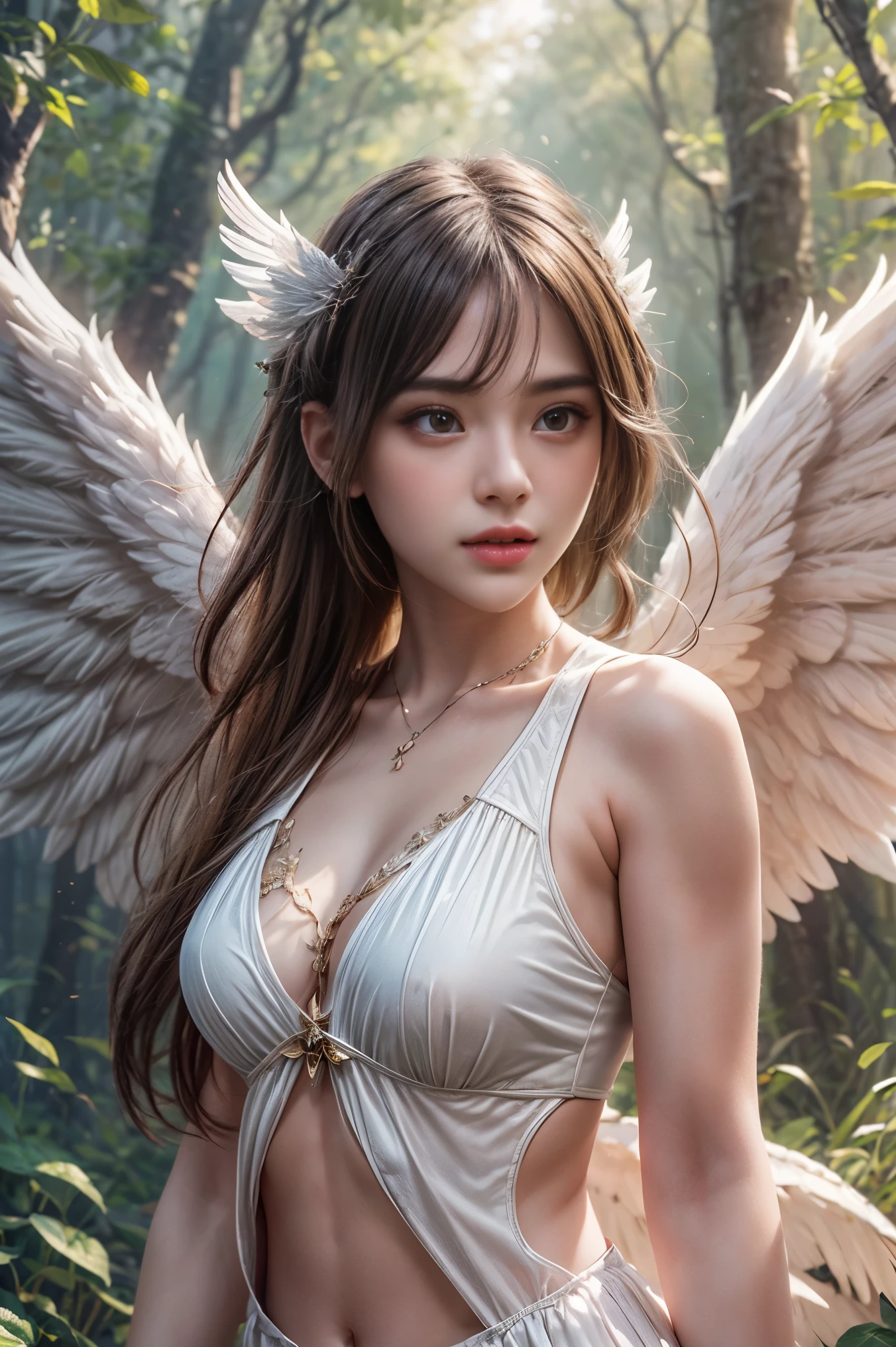 Create a high-quality, ultra-realistic 8K image of angelic girls with wings in a mystical forest setting. The lighting should showcase professional-level techniques, capturing the upper body with exceptional detail.