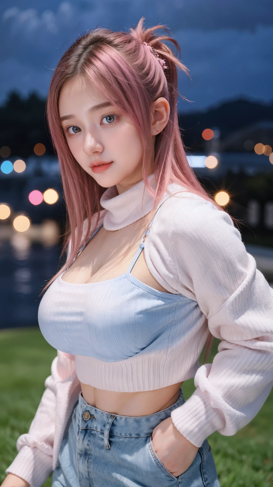 Gorgeus Girl, Beautiful, Baby Face, 20 Years Old, White Skin, Cleavage, Colossal Breasts, Side Pose, Outfit Straps, Crop Turtleneck Top, Mini Shirt, Blue Eye, Muscles, Bokeh, Modern Place Background, Masterpiece, Fullbody Shot, Straight Pink Hair