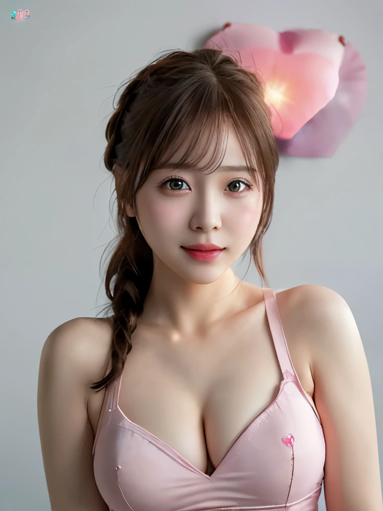 (best quality, masterpiece:1.2),ultra detailed,(photo realistic:1.4),solo,cute girl,upper body,(pink),light_particles,heart_mark,