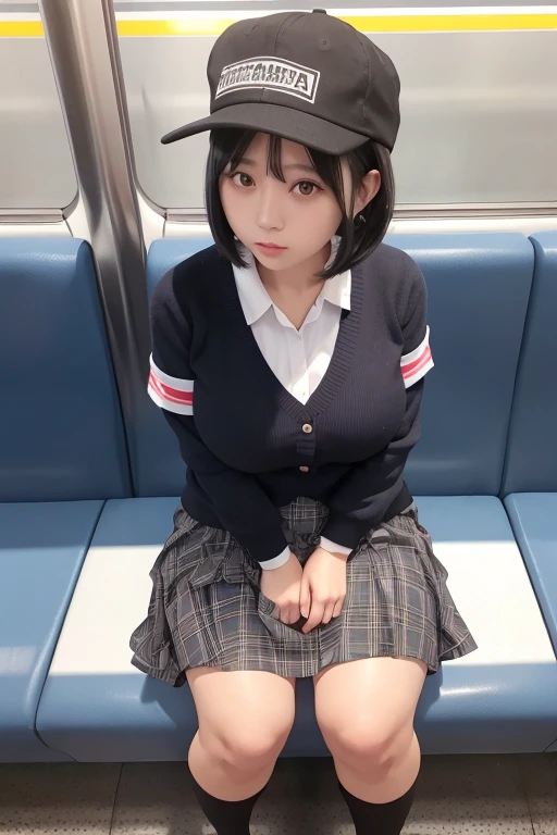 High school girl, blue check skirt, cap, panty shot, black hair, bob, big breasts, big ass, plump, tall, sitting on train, ultra high quality, front view, Japanese, cute patterned pants
