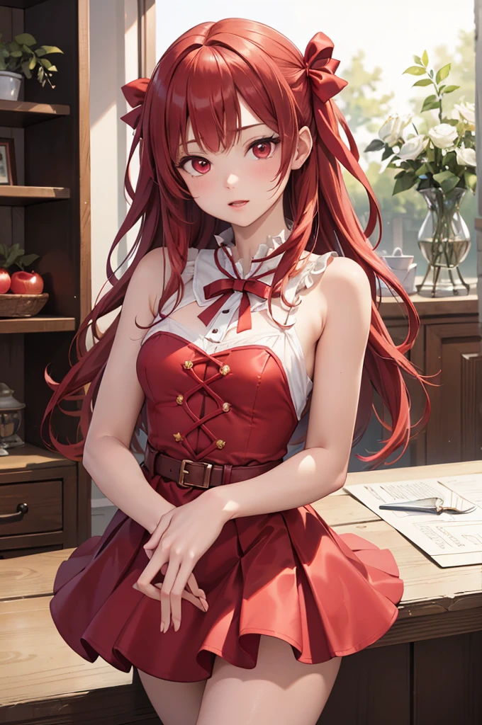 masterpiece、Soft Focus , Bright gradient watercolor、Tabletop, High resolution, 8k, Anime Women, Delicate and detailed writing 、Detailed digital illustration、high resolution, high quality、Detailed Background、Close-up photo、(((Two arms、Four fingers, One thumb)))、Detailed female face、(Accurate Fingerasterpiece:1.2)、highest quality、High resolution、unity 8k wallpaper、(figure:0.8)、Highly detailed face、Perfect lighting、Highly detailed CG、(Perfect hands、Perfect Anatomy)、
(Cowboy Shot:1.1)、One girl、stand、basket、knife、Red apples、Red dress、red hair ribbon、Red Cape、Red Shoes、Red Hair、absurdly long hair、red eyes、Big round eyes、Open your mouth、