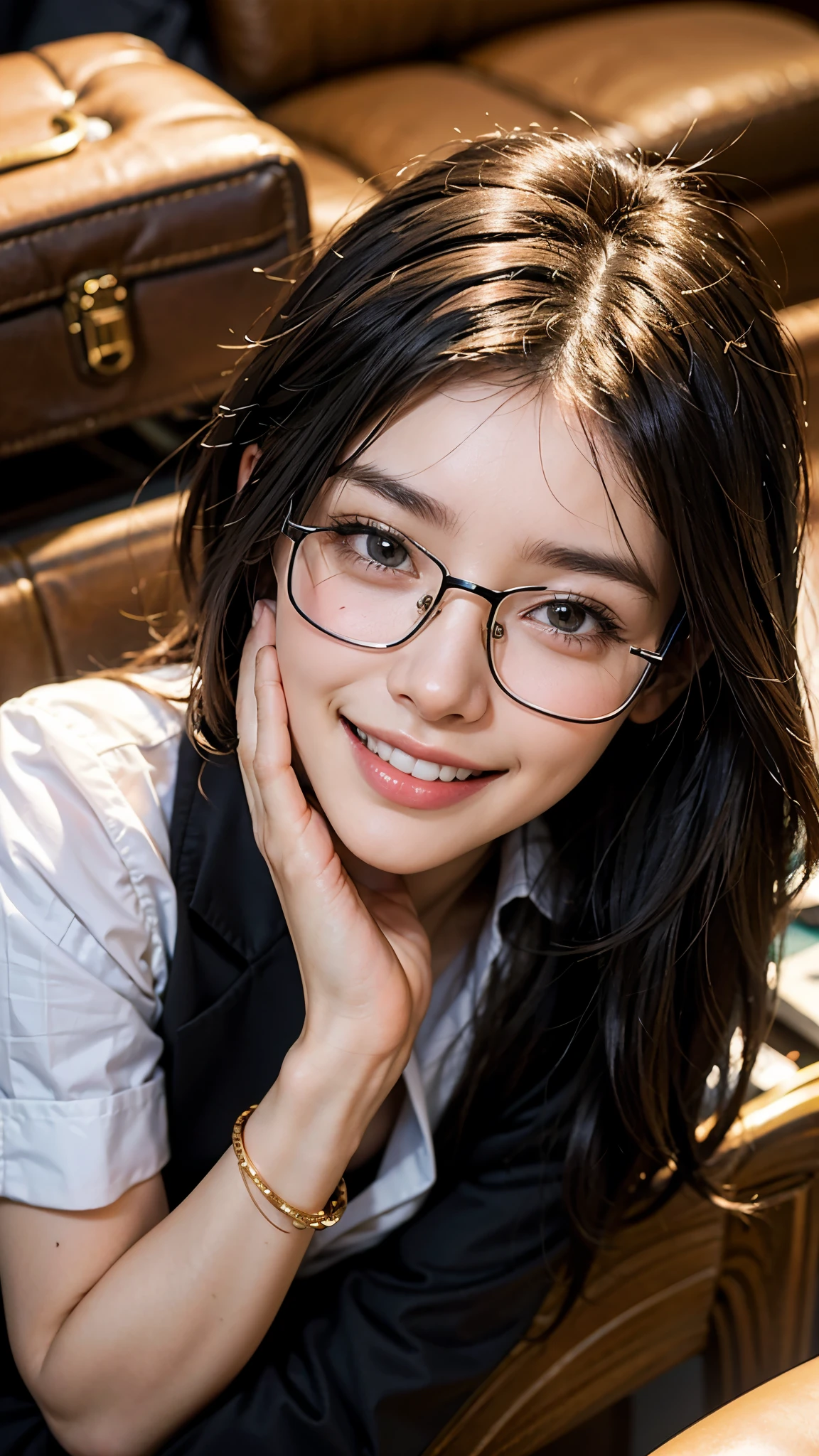 highest quality, masterpiece, Ultra-high resolution,8k, (Realistic:1.6), (Facing portraits) RAW Photos, 1 girl,(Full of smiles, Showing teeth)), ((Square black-rimmed glasses)),26 years old,((Luxury Brand Jewelry)),((Luxury business suits)),((Luxury brand bags)),((short hair)),((Looking up at the audience)),Face Focus:1.4,((Simple solid color background)), Image Media Chest)),((Smiling with teeth showing)),