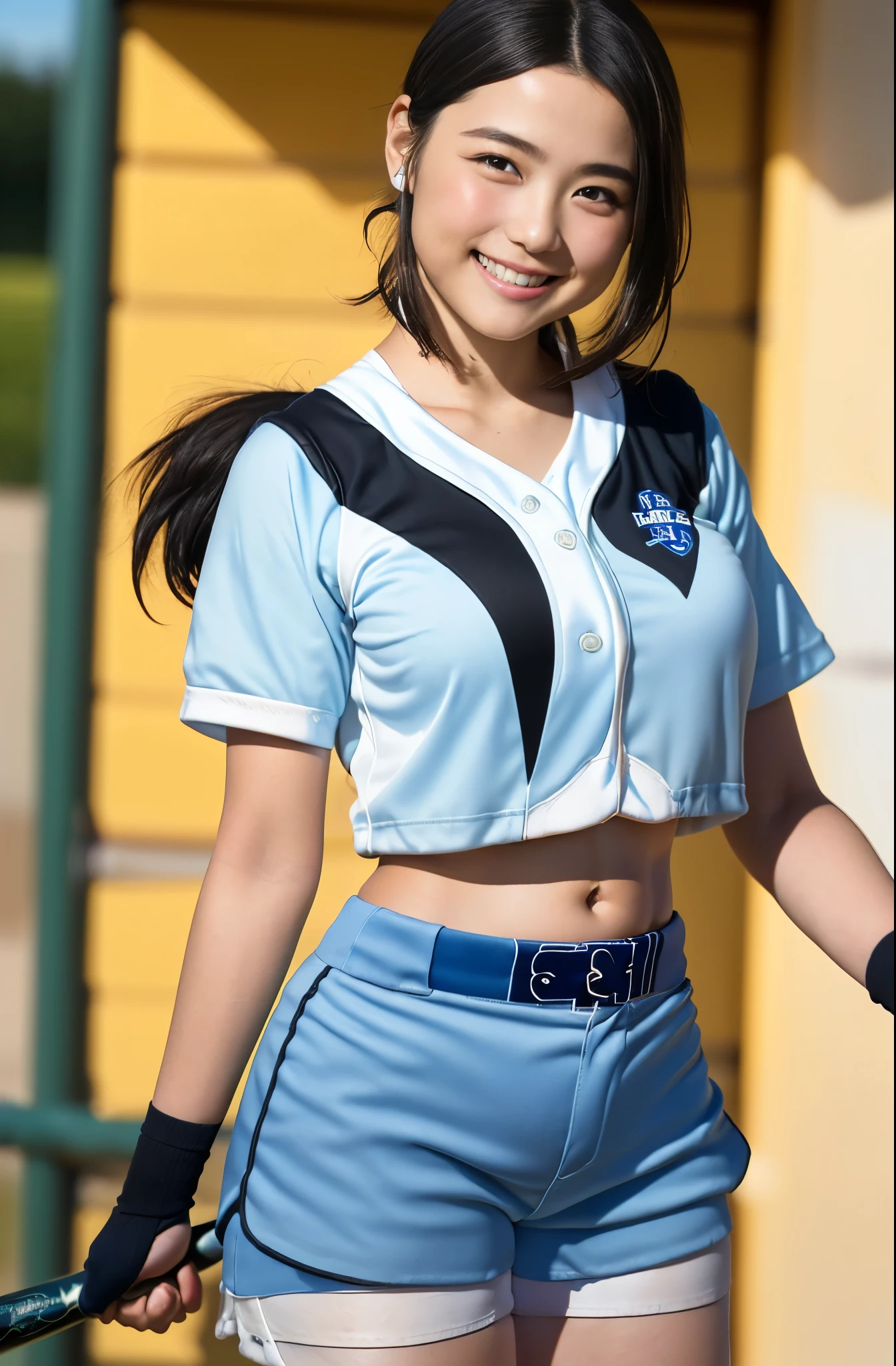 （8k、Raw photography、highest quality、masterpiece：1.2),(Black-haired、Very short hair:1.8),(ponytail:1.5)、View your viewers,Viewed from the front,White skin,(high school girl、Light blue baseball uniforms:1.7)、(Tight waist:1.6)、(Clothes that accentuate the shape of the breasts:1.3)、(Big Breasts :1.5)、Slim figure、Ultra-high resolution,beautiful,beautiful fece,(one person、No background:1.9),whole bodyボディー,Japanese women,（reality的：1.37）、Photon Mapping,reality、(Baby-faced and cute: 1.4)、(Cute Smile: 1.8)、(Round face: 1.8)、Radio City、Physically Based Rendering、Depth of field rally background、photograph, (I can see your knees、Very short white shorts、Thigh close-up:1.8),（:1.4）,whole body、Great quality