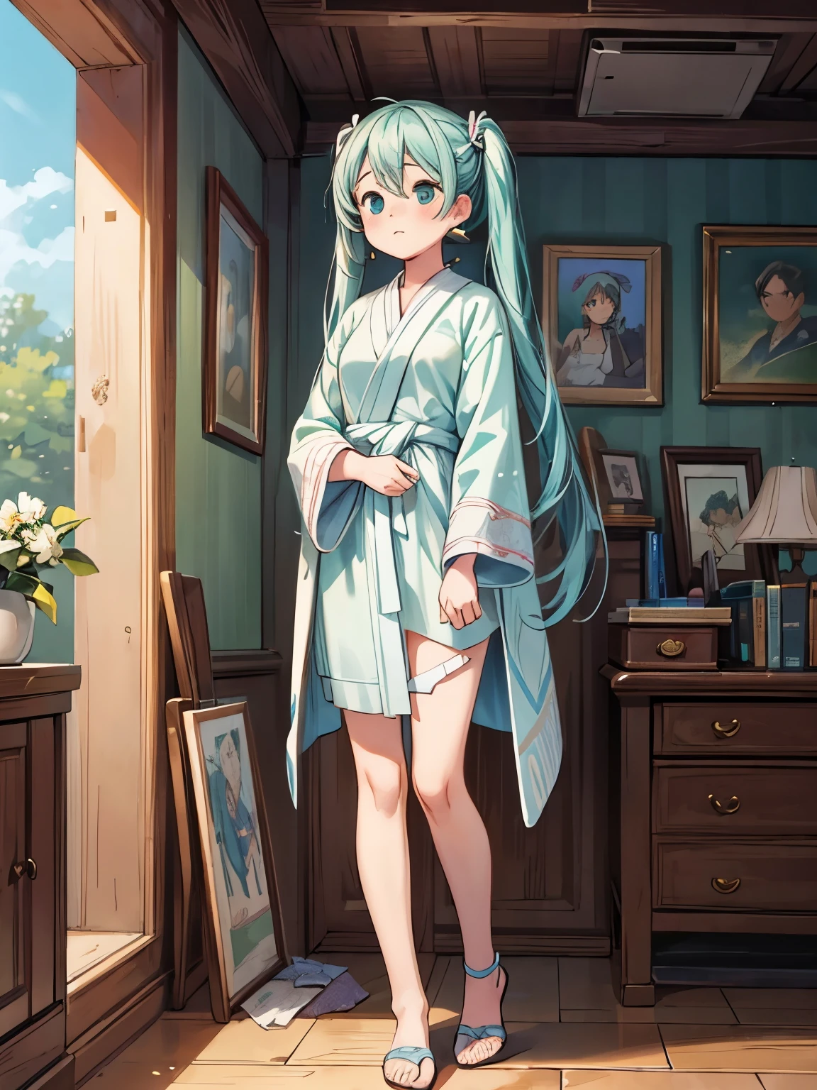 (masterpiece、highest quality、highest quality、Official Art、Beautiful and beautiful:1.2)、(One girl:1.3)Hatsune Miku、Twin tails,Big Breasts,(masterpiece:1.2), (highest quality,:1.2), 8k, High resolution, Super detailed, ((Realistic)), Perfect Anatomy, Professional Light, Cinema Lighting, Fashion Photography, Ambient Lighting,Angelique, Earrings, Heavy makeup, long and disheveled hair, ((Full Body Shot)), Wearing intricate robes, Fanro, Epi C Photo