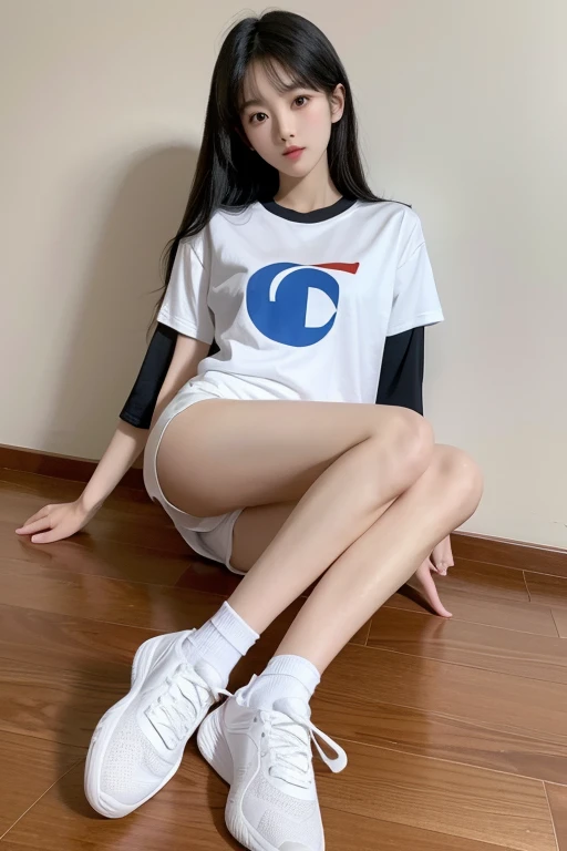 a korea beautiful student girl, black long hair, white ankle socks, sneakers, athletic shorts, t-shirts, graceful legs, delicate feet., UHD, masterpiece, super detail, high quality, best quality, highres, award winning, high details
