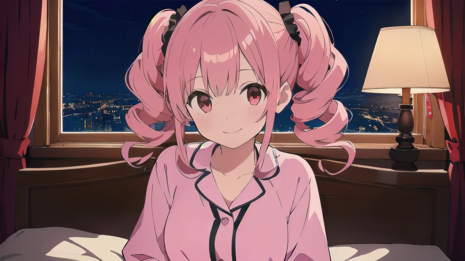 Very detailed, Detailed Background, (highest quality, masterpiece, High resolution), One girl, Demure, (Curly Hair:1.4), Twin tails, smile, Mid-chest, Pink Hair, Upper Body, pajamas, long hair、 (night:1.4), Dimly lit room,