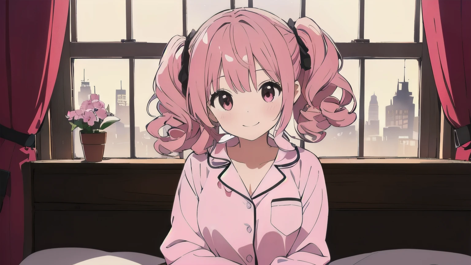 Very detailed, Detailed Background, (highest quality, masterpiece, High resolution), One girl, Demure, (Curly Hair:1.4), Twin tails, smile, Mid-chest, Pink Hair, Upper Body, pajamas, long hair、 (night:1.4), Dimly lit room,