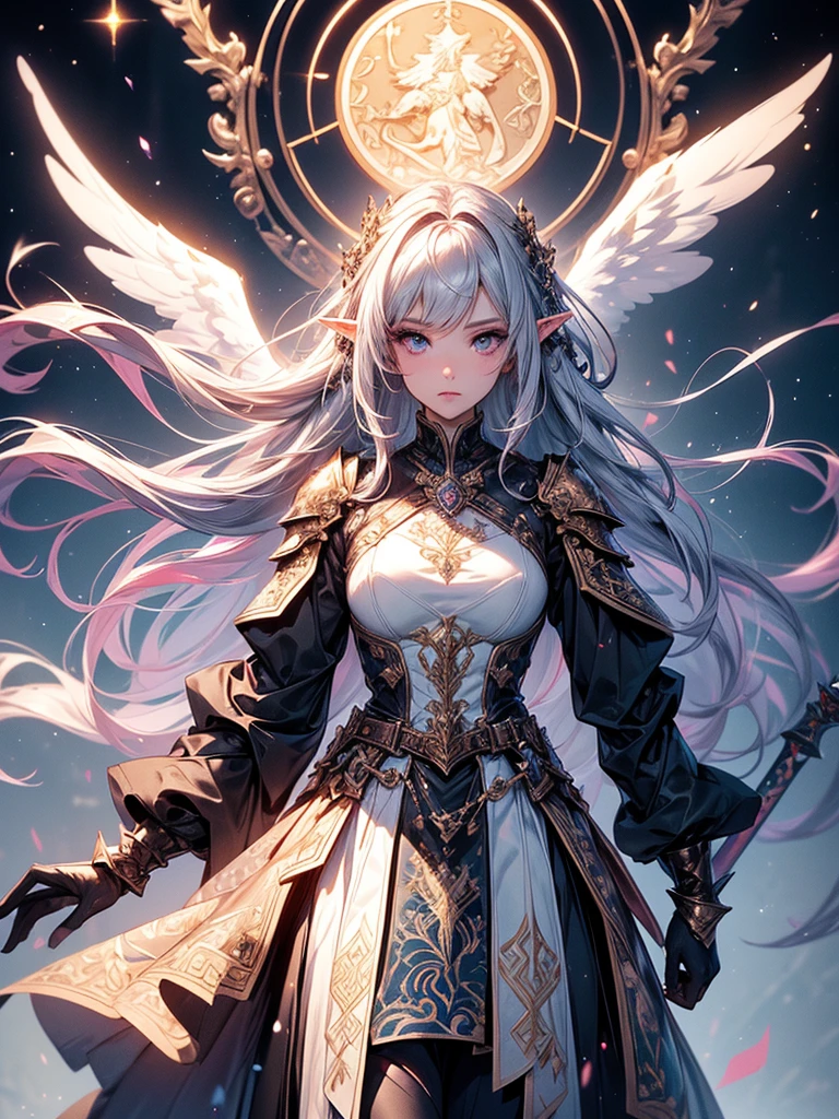 (((masterpiece, best quality, high detailed, 4k))) Design a layout showcase Gaming character, (1girl). Purple|Black clothes, stylish and unique. ((showcase weapon:1.4)), holy majestic spear. (masterpiece:1.2), (best quality), ultra-detailed. (Step by step design, layout art:1.5), (luminous lighting, atmospheric lighting). arcane elf, ((glove full hands)), (((revealing clothes:1.3))), vambraces, armored legwear, (((full_body_shot:1.4))). {In a mystical library}. (zentangle, mandala, tangle, entangle), (fractal art:1.3), maxiskirt, dress conservatively, (elf:1.2), solo, full body, wide shot, standing with white boots, holding spear down, blunt bangs, hair between eyes, white hair, golden eyes, long hair, elf ears, Valkyrie white armor, angel, chest protector, side bang, from front, extra size body, night, mountain, looking at viewer, dynamic pose, art style by Artgerm, by Kawacy, by Wadim Kashin, BREAK, eyelashes, eyeshadow, pink eyeshadow.