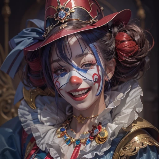 Hiding in the castle、Hair flow、 ((highest quality、masterpiece、8k、Best image quality、Ultra-high resolution、Award-winning works)、(Accurate anatomy:1.1)、(Look at me and smile:1.1)、Shining fair skin with Ultra-high resolution、The most detailed face、Ultra-high resolution detailed face、Ultra-high resolutionの髪の毛、(Ultra-high resolutionの煌めく瞳:1.1)、Beautiful face drawn in every detail、(Blurred Background:1.1)、Cheerful clown costume, Chest to chest, tattoo,、Clown Makeup、Holding a masquerade mask