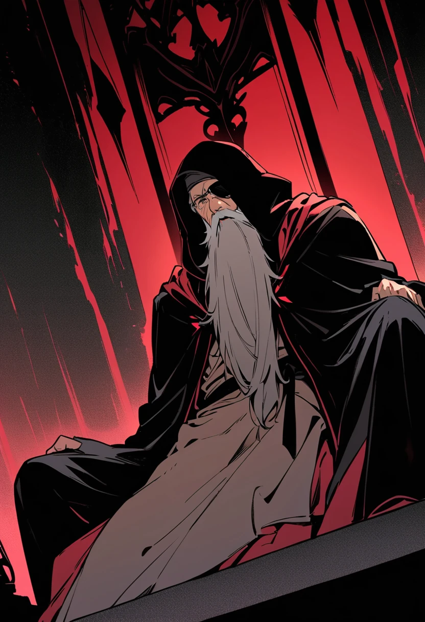 flat color,(masterpiece, best quality,ultra-detailed:1.2) ,An old man,((right eyepatch)),red right eye,Wearing black hood and robes,Grey Mustache and Long Beard,sitting Dark Hall Throne,cloud effects,dynamic angle,beautiful lighting, photographic portrait, sharp,