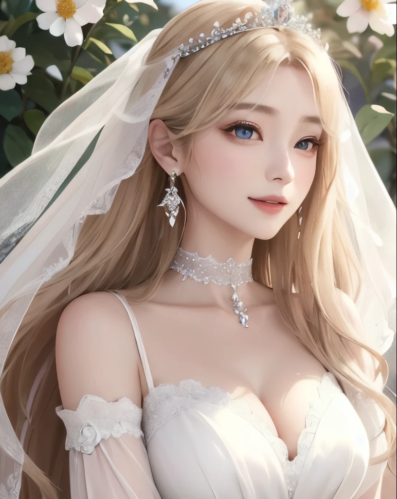 Super detailed、highest quality、masterpiece、
vivid、beautiful girl、Wide double eyelids、Big eyes、Japanese、Sepia eyes、Long Hair、Blonde、Flower Field、Daytime、bright、vivid、Princess、princess、goddess、clear、bride、Wedding dress、race、((organdy))、choker、Earrings、tiara、Natural smile