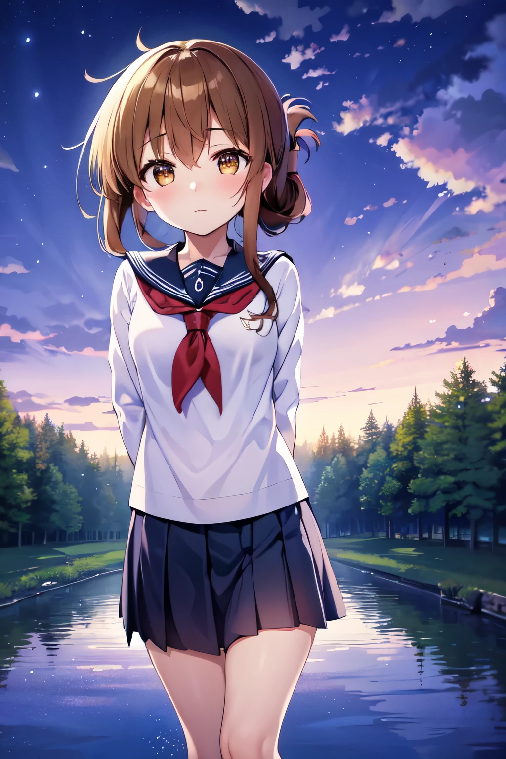 High resolution, One girl,  Small breasts, serafuku, school bag, Outdoor, null, night, river,(masterpiece, best quality:1.2),illustration,8k,hd,1girl,solo,upper body,(portrait:1.2),brown_hair,folded_ponytail,brown_eyes,serafuku,long_hair,school_uniform,skirt,pleated_skirt,