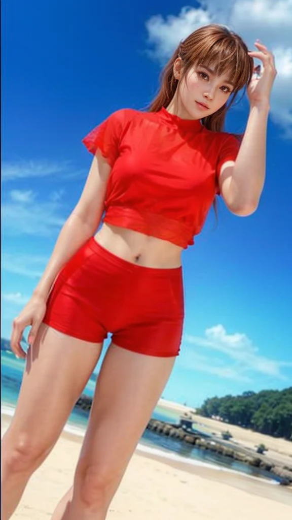 Kasumi, brown eyes, (best quality, ultra-detailed), (realistic:1.37), beautiful and detailed face, ultra-realistic texture, delicate face, delicate body, red lipstick, bright colors. High definition, 8K, well defined legs
