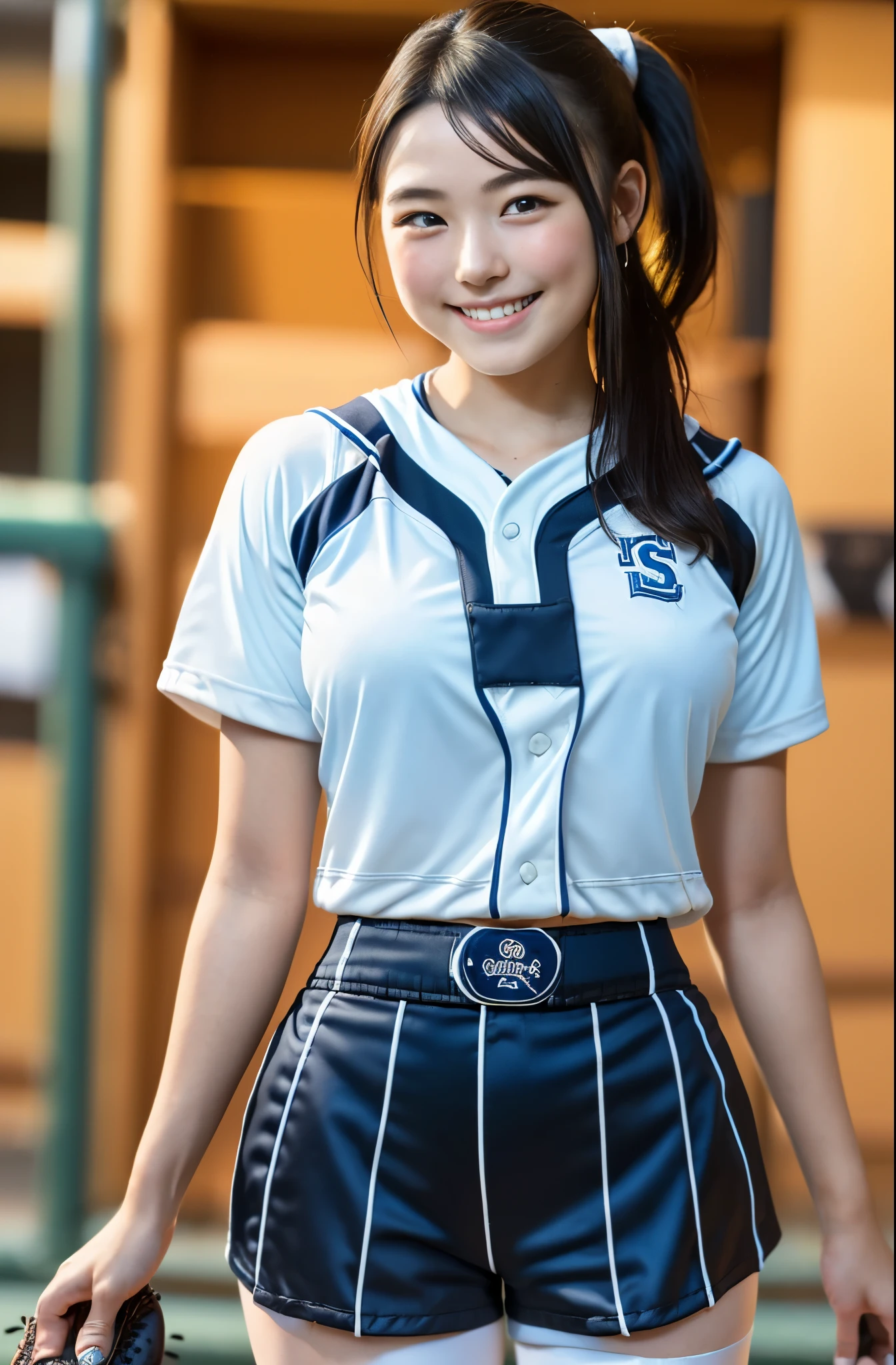 (8k、Raw photography、highest quality、masterpiece:1.2),(Black-haired、Very short hair:1.8),(ponytail:1.5)、View your viewers,Viewed from the front,White skin,(high school girl、Light blue baseball uniforms:1.7)、(Tight waist:1.6)、(Clothes that accentuate the shape of the breasts:1.3)、(Big Breasts :1.5)、Slim figure、Ultra-high resolution,beautiful,beautiful fece,(one person、No background:1.9),whole bodyボディー,Japanese women,(reality的:1.37)、Photon Mapping,reality、(Baby-faced and cute: 1.4)、(Cute Smile: 1.8)、(Round face: 1.8)、Radio City、Physically Based Rendering、Depth of field rally background、photograph, (I can see your knees、Very short white shorts、Thigh close-up:1.8),(:1.4),whole body、Great quality