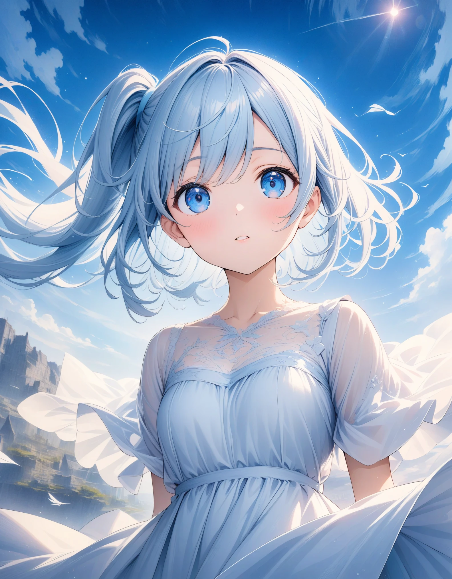 ((style:Colored pencil,pale colour)),(anime)、(masterpiece:1.2),atmospheric perspective,lens flare、(Country in the Sky)、(Princess)、Otherworldly fantasy、cute、Hair fluttering in the wind、((A dress with transparent lace that evokes the image of wind))、Clear blue sky、Light pours down from above、Very mysterious girl、Light effects、Light blue and white gradient hair color、Side Ponytail、Blue Eyes、((A work that visualizes the wind))、Looking up at the sky、Close-up、(Wide-angle lens)