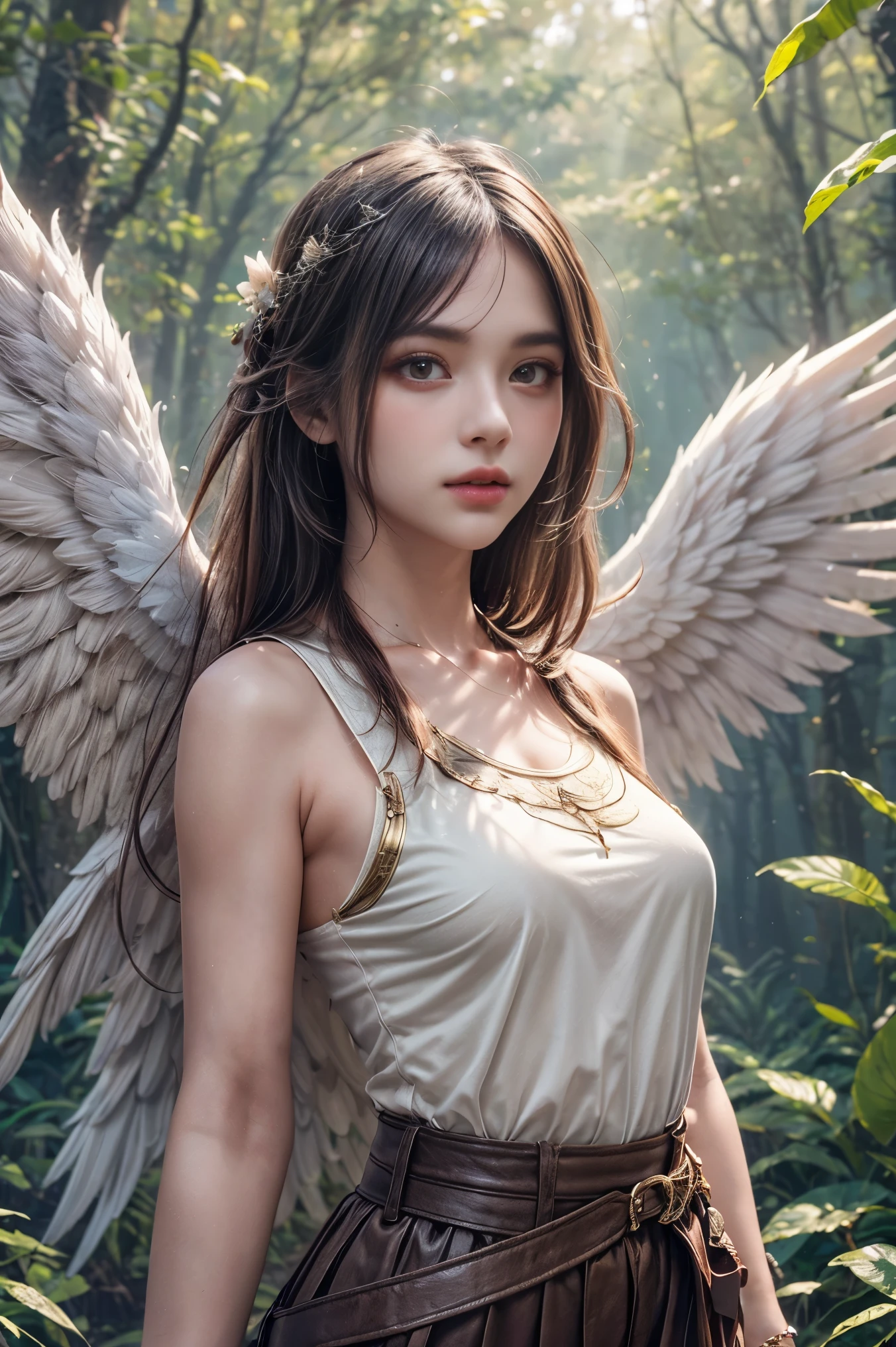 Create a high-quality, ultra-realistic 8K image of angelic girls with wings in a mystical forest setting. The lighting should showcase professional-level techniques, capturing the upper body with exceptional detail.