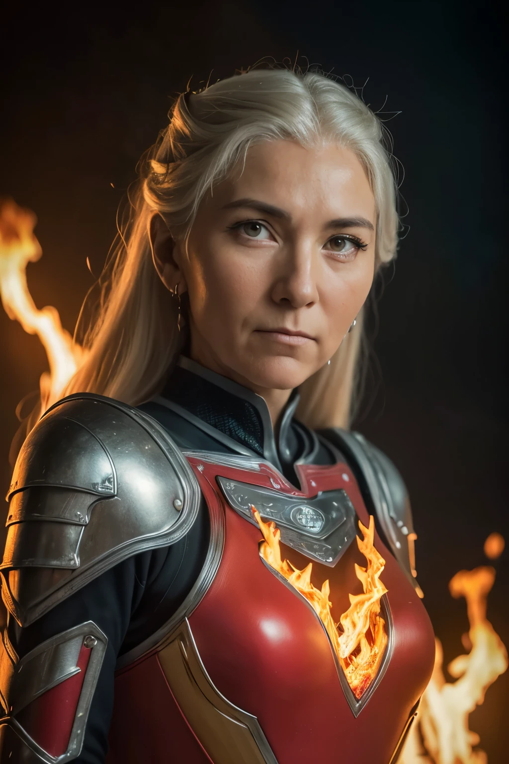 (((Cinematic heavy metal poster))) of Rhaenys Targaryen, (((old woman, 60 years old))) , wearing a red armor, Gothic style,  (a detailed RAW photo ), (master part:1.0), (best quality:1.4), (Ultra Highres:1.2), (photorealistic:1.4), 8K resolution, Canon EOS R5, 50 millimeters, Absurd, Ultra Detailed, sharp focus, Cinematic lighting, detailed face,  (ULZZANG-6500-V1.1), detailed skin texture, pale skin, chest round, (pale :0.5), Cinematic lighting. (((Abstract flames background)))