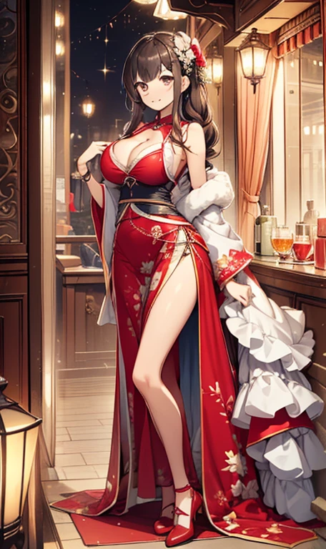 Top quality、Top image quality、masterpiece、girl ((Sixteen years old、Best Bust、(((Large Breasts、Breast sagging、Low-cut,Cleavage ,Wide hips,)))((Long legs)),Hourglass figure)),、obsessed、having fun、girl的脸、Seductive pose、Breasts wide open、silver curly hair、Slim、Grand Canyon、Silver Hanfu mixed cheongsam、Transparent clothing、Edelweiss Silk))high quality、beautiful art、background((luxurious hotel、Night view windows)))、Visual arts、Depth of Field、Diamond encrusted clothes,sparkling,Full body female
