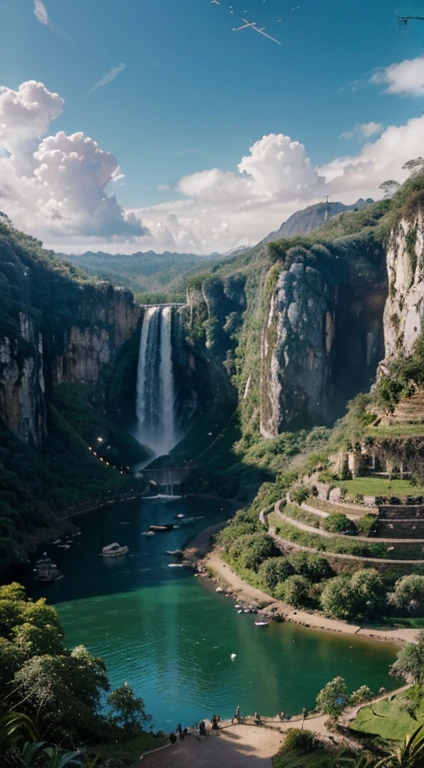 there is a large Waterfall in the middle of a montanha, cidade antiga, epic matte painting of an island, the Lost City of Atlantis, an aztec city in a island lago, cidade antiga paisagem, Lost City of Atlantis, Marc Simonetti. intricado, Bela arte conceitual, arte conceitual impressionante, arte conceitual altamente realista, art style of Marc Simonetti, (((Obra de arte))), melhor qualidade, alta qualidade, extremamente detalhado CG unity 8k wallpaper, scenario, ao ar livre, sky, nuvem, nobody, montanha, paisagem, Water, tree, blue sky, Waterfall, Penhasco, natureza, lago, rio, nuvemy sky,fotografia premiada, Bokeh, profundidade de campo, HDR, florescer, Chromatic aberration ,Fotorrealista,extremamente detalhado, trends on Artstation, trends at CGSociety, intricado, alto detalhe, dramatic, arte no meio da jornada, tall Waterfall, painting of a rio with rocks and trees in the foreground, near a rio, paisagem, SELVA, Waterfall, crystal clear Water, luz noturna,((lua cheia)), Colorida, rio with rocks, ponte de pedra, epic, fantasia, ((rosas e flores nas margens da lagoa)), ((oil painting)), moon paisagem reflected in rio, ((ponte de pedra))